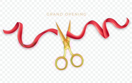 Grand opening with golden scissors cut the red ribbon vector