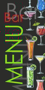 Template for Bar menu alcohol drink. hand drawn collection of cocktail glasses. Colorful vector engraving illustration for bar menu, special offer, happy hour, invitation to party. Blue lagoon