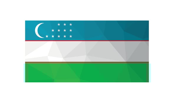 Vector illustration. Official ensign of Uzbekistan. National flag with blue, white, green stripes and crescent moon, stars. Low poly style with triangular shapes