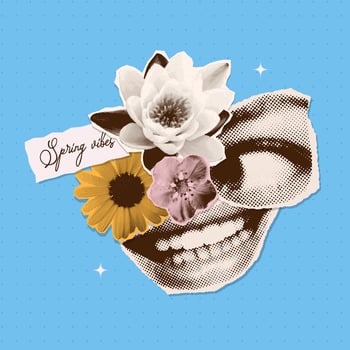 Spring vibes card with Smile on female lips, happy eye and flowers in halftone art collage. Good mood, positive emotion, bright sunny day banner. Mixed art illustration. vector