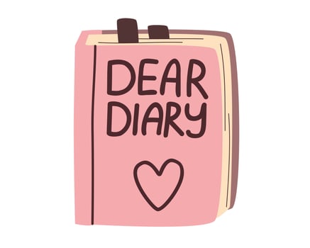 Hand drawn cute illustration of pink  diary with bookmarks. Flat vector sticker in simple colored doodle style. Dear diary lettering phrase. Isolated on white background.
