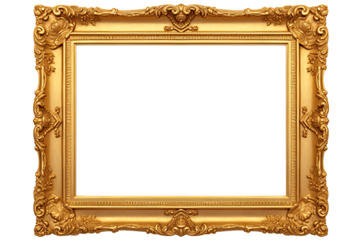 AI generated Golden wooden frame isolated on transparent background, Patterned and Vintage picture frame PNG format, old wide ornamental baroque picture frame