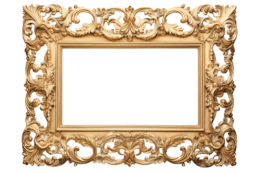 AI generated Golden wooden frame isolated on transparent background, Patterned and Vintage picture frame PNG format, old wide ornamental baroque picture frame