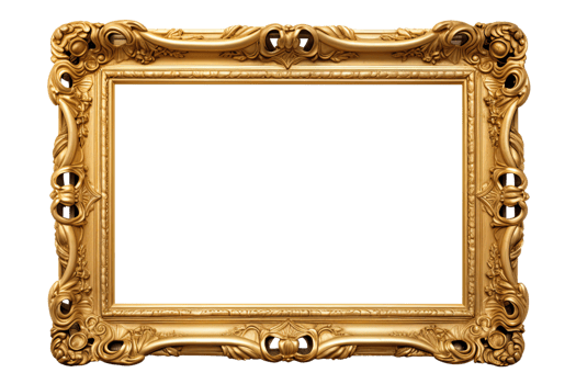 AI generated Golden wooden frame isolated on transparent background, Patterned and Vintage picture frame PNG format, old wide ornamental baroque picture frame