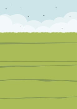 Vector country rural landscape scene with green wheat field. Skyline with clouds cartoon style illustration.