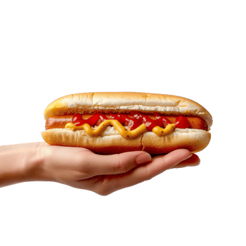 AI generated Hand holding a hot dog with condiments on a transparent background png