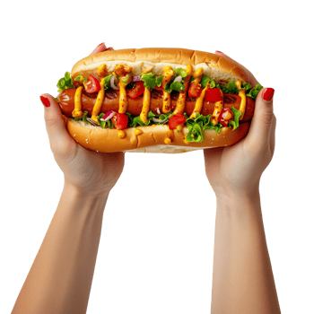 AI generated Delicious loaded hot dog held in hands with transparent background png