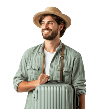 AI generated Happy young traveler with a suitcase on a white background png