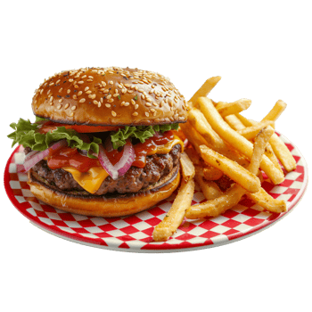 AI generated Delicious cheeseburger with fries on a checkered plate png
