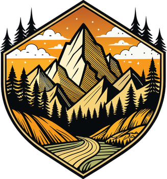 Mountains and forest in the shape of a shield, vector illustration