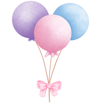 Pastel pink, purple and blue balloons with coquette ribbon bow watercolor clipart. png
