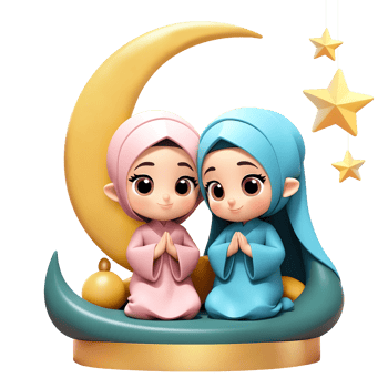 AI generated 3d rendering cartoon girls with golden crescent moon and hanging stars png