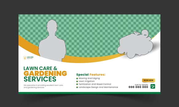 Organic food and agriculture service for stream video thumbnail design, modern lawn mower garden, or landscaping service social media cover or post template with abstract green and yellow color shapes vector