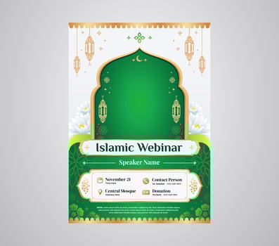 Green Islamic Seminar and Webinar A4 Poster Flyer Design Template for Islamic Teaching and Lecturing vector
