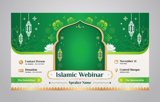Green Islamic Seminar and Webinar Banner Design Template for Islamic Teaching and Lecturing vector