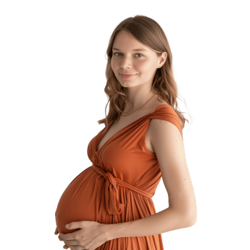 Smiling pregnant woman with hands on belly on transparent background png