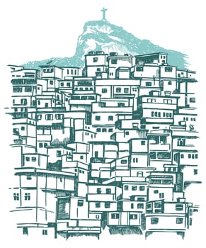 illustration of favela in Rio de Janeiro, Brazil, with the Corcovado hill in the background and colored stripes with texture. Current period art. vector