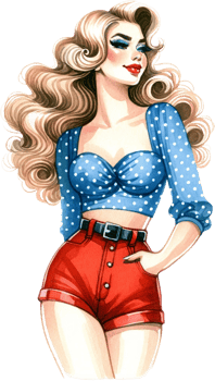 AI generated Retro Fashion Pinup Girl with Blue Blouse and Wavy Hair png