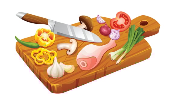 Fresh meat, vegetables and herbs with knife on cutting board. Healthy food ingredients. Vector illustration isolated on white background