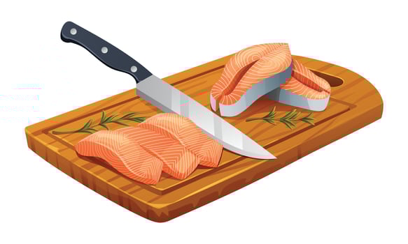 Fresh raw salmon fish fillets and steaks with knife on cutting board. Vector illustration isolated on white background