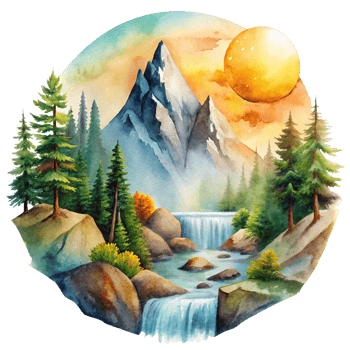 Mountain scene in watercolor style Clip art. Watercolor mountain scene cutout png
