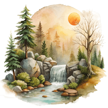Mountain scene in watercolor style Clip art. Watercolor mountain scene cutout png