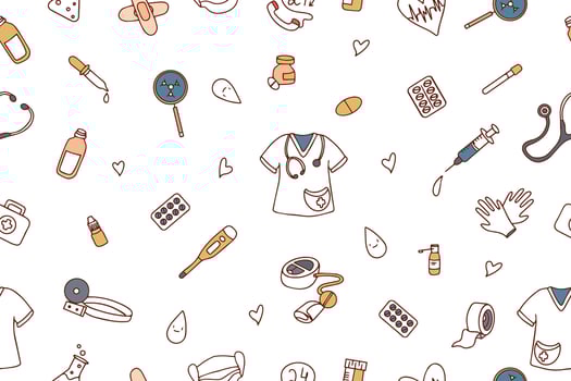 Seamless pattern with medicines and diagnostic and treatment items. Vector hand drawn illustration in doodle style. Vector illustration.