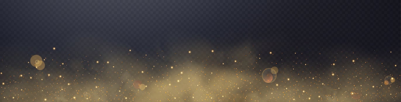 Orange glittering dots, particles, stars magic sparks. Dust cloud flare light effect. Orange luminous points with smoke. Vector particles on background