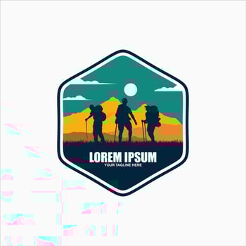 Mountain travel man retro emblem, extreme adventure, climbing outdoor tourism logo vector