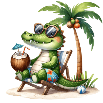 AI generated Cute sitting in a beach chair under a coconut tree, happily drinking coconut water crocodile watercolor clipart .AI Generate png