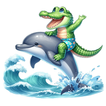 AI generated Cute crocodile joyfully riding on the back of a dolphin among the sea waves watercolor clipart .AI Generate png