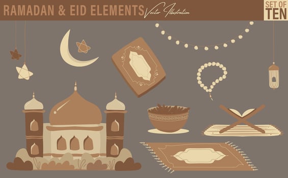 Ramadan and Eid elements illustrations. Set of ten includes mosque, crescent moon, star lights, lantern, fairy light, Holy Quran, Holy Quran in a stand, prayer mat, prayer beads, dates vector
