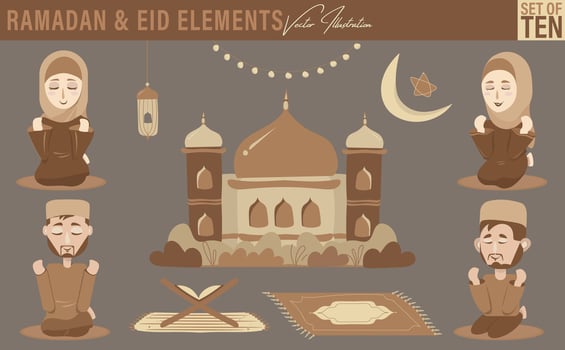 Ramadan and Eid elements illustrations. Set of ten includes four male and female characters praying, mosque, crescent moon, lantern, fairy light, Holy Quran in a stand, and prayer mat vector