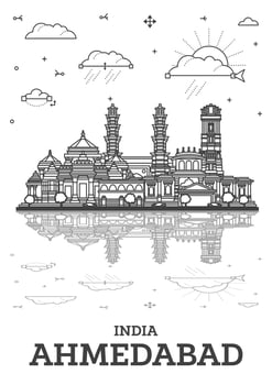 Outline Ahmedabad India City Skyline with Historic Buildings and Reflections Isolated on White. Ahmedabad Cityscape with Landmarks. vector