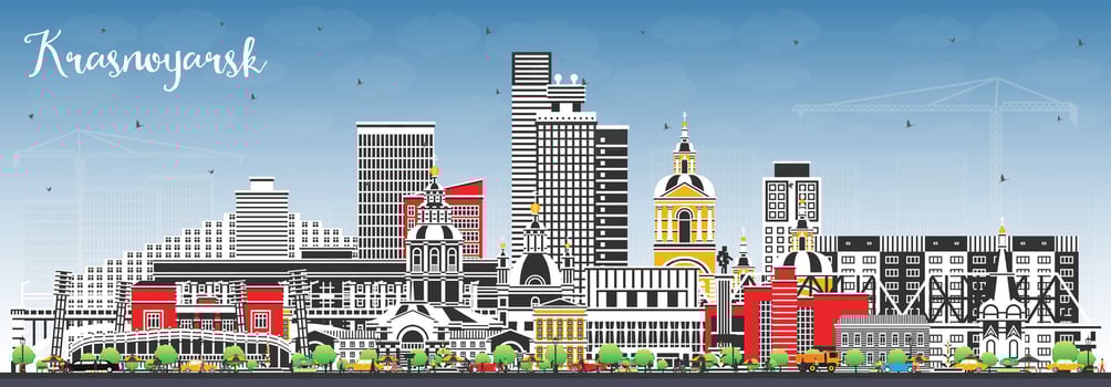 Krasnoyarsk Russia city skyline with color buildings and blue sky. Krasnoyarsk cityscape with landmarks. Business travel and tourism concept with modern and historic architecture. vector
