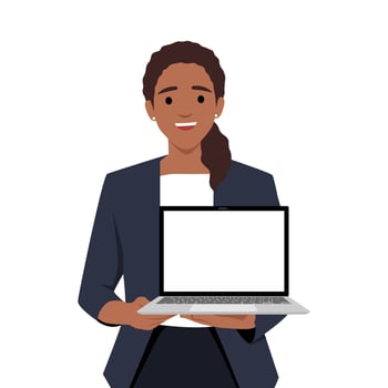 Businesswoman showing new laptop . Person holding wireless digital computer. Female character design illustration vector