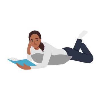 Young woman lying on a floor and reading a book. vector