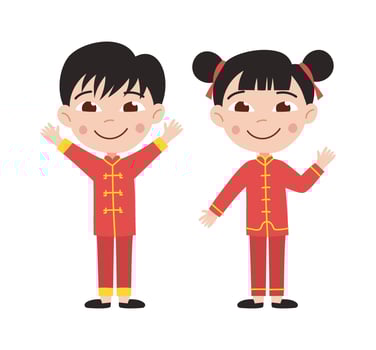 Chinese children. Happy boy and girl in national clothes. Vector flat cartoon illustration