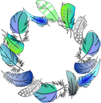 round frame of colorful bird feathers without background, decorative element, border png