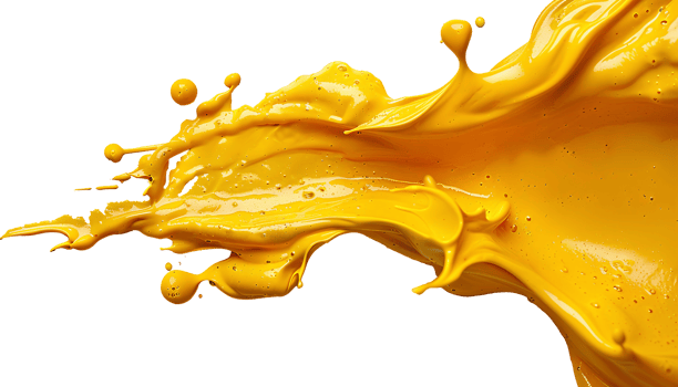 AI generated Yellow paint splash top view PNG. Yellow paint explosion all over isolated flat lay. Yellow color splatter PNG