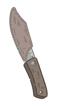 Doodle of camping knife with protective blade cover. Clipart of outdoor travel equipment, hiking tools. Cartoon vector illustration isolated on white.