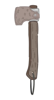 Doodle of camping axe with protective blade cover. Clipart of outdoor travel equipment, hiking tools. Cartoon vector illustration isolated on white.