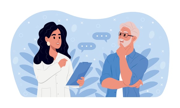 A family doctor is talking to an elderly patient. Awareness of the elderly about, Alzheimers disease, Cardiovascular diseases, Cancer, Osteoporosis, Arthritis, Parkinsons disease, Diabetes. vector