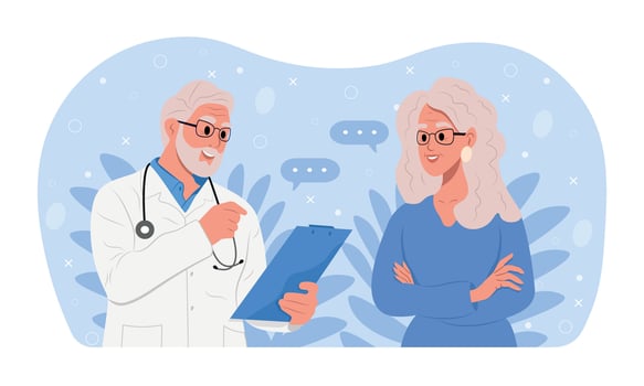 A family doctor is talking to an elderly patient. Awareness of the elderly about, Alzheimers disease, Cardiovascular diseases, Cancer, Osteoporosis, Arthritis, Parkinsons disease, Diabetes. vector