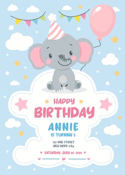 Birthday invitation card design with cute elephant and balloon. Vector illustration of template on colorful background. Invitation for children. Ready to use and editable template.