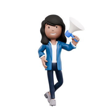 A woman in a blue jacket is holding a megaphone and yelling png