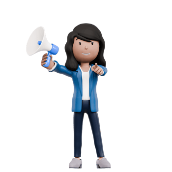 A woman in a blue jacket is holding a megaphone and yelling png