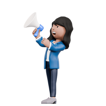 A woman in a blue jacket is holding a megaphone and yelling png