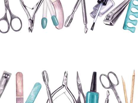 Manicure tools, color palette. Horizontal frame with copy space for text. Cosmetic instruments for manicure and pedicure procedure. Set in turquoise colors. Watercolor illustration. png