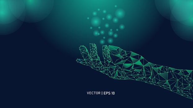 Abstract connection line and dot hands open up on a green, background. big data, AI, Futuristic technology, Data transfer concepts. suitable for ads, products, presentations, backdrops, and banners. vector